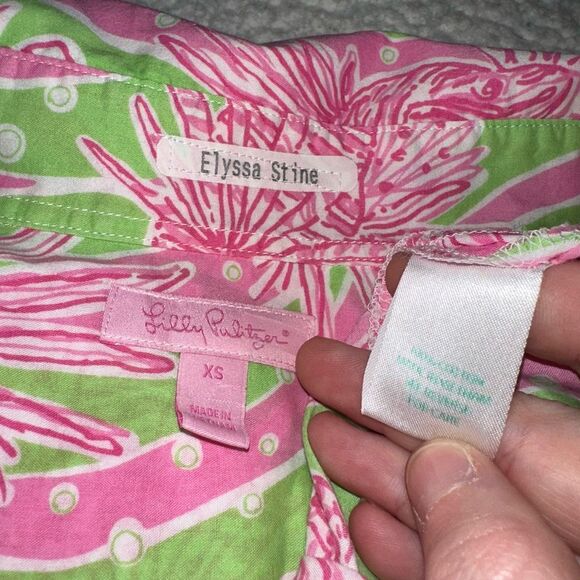 Lilly Pulitzer XS Quarter Button 3/4 Sleeve Collared Dress Easy Tiger Green Pink - Picture 6 of 12
